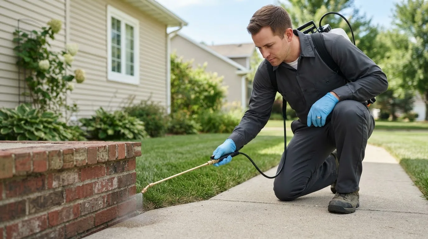 Pest control technician treating a home near Kirvin, TX