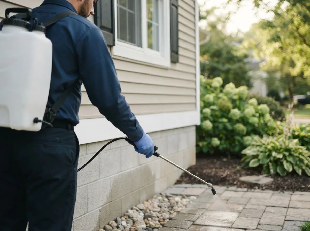 Pest control technician inspecting a home in Kirvin, TX